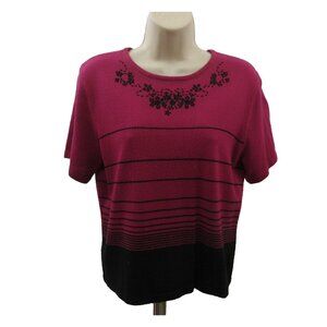 Kasper Sweater Womens Sz 16 Petite Pullover Short Sleeve Rasberry Black Stripes